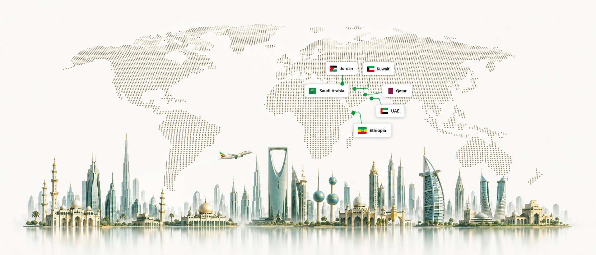 Dotted world map with GREEN FOX employment destinations